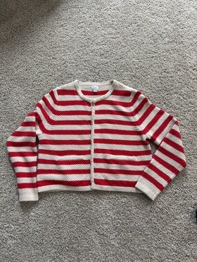 Striped Red and Cream Knit Cardigan Sweater